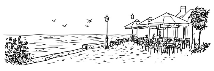 seaside cafe with umbrellas and chairs, hand drawn sketch © Kaz