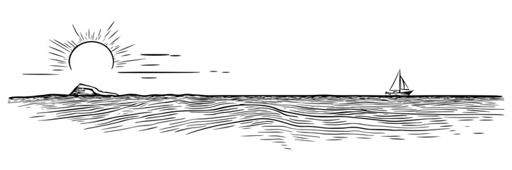 sunset over the sea with distant sailboat, hand drawn sketch © Kaz