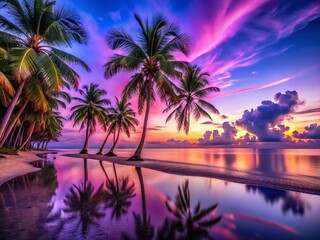 Obraz premium Surreal Purple Beach Sunset: Silver-Pink Palms & Azure Sky - Long Exposure Photography