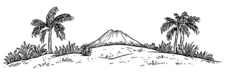 tropical landscape with volcano and palm trees, hand drawn sketch © Kaz