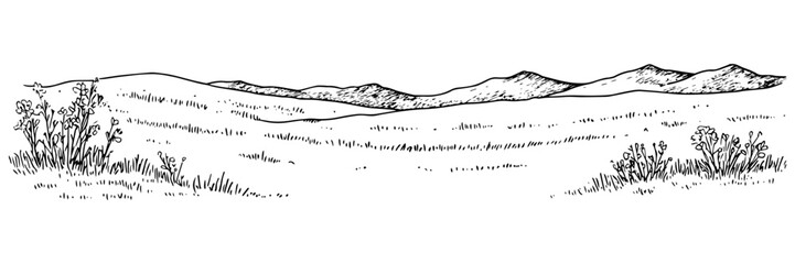 hand-drawn mountain range with open fields and bushes in black and white