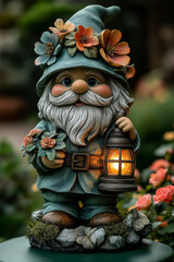 Garden gnome ornament holding a lamp