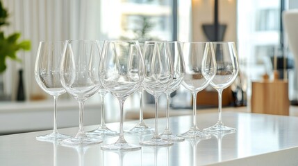 A collection of empty wine glasses displayed on a modern white countertop with a blurred background.