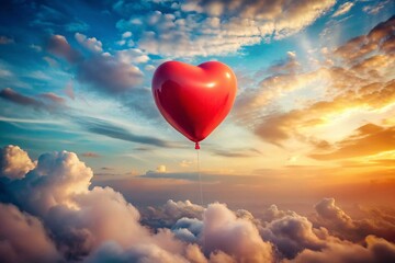 Obraz premium Surreal Red Heart Balloon Floating in Dreamlike Sky - Stock Photo
