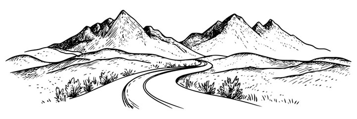 hand-drawn mountain landscape with winding road and open fields in black and white © Kaz