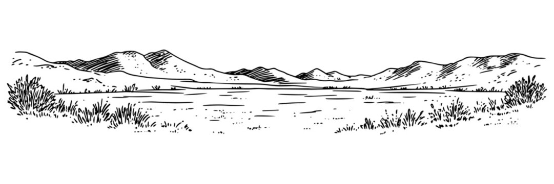 hand-drawn mountain landscape with open fields and bushes in black and white