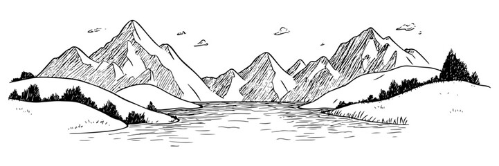 hand-drawn mountain landscape with a lake and trees in black and white