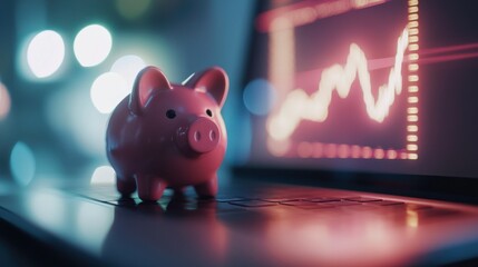 Pink Piggy Bank on Laptop with Stock Market Trends