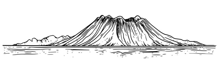 volcanic mountain with calm water reflection in black outline style © Kaz
