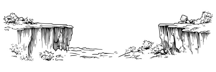 two cliffs with gap and sparse vegetation in black outline style © Kaz