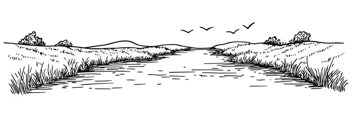river flowing through grassy landscape with birds in black outline style