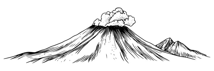 volcanic mountain with smoke cloud in black outline style © Kaz