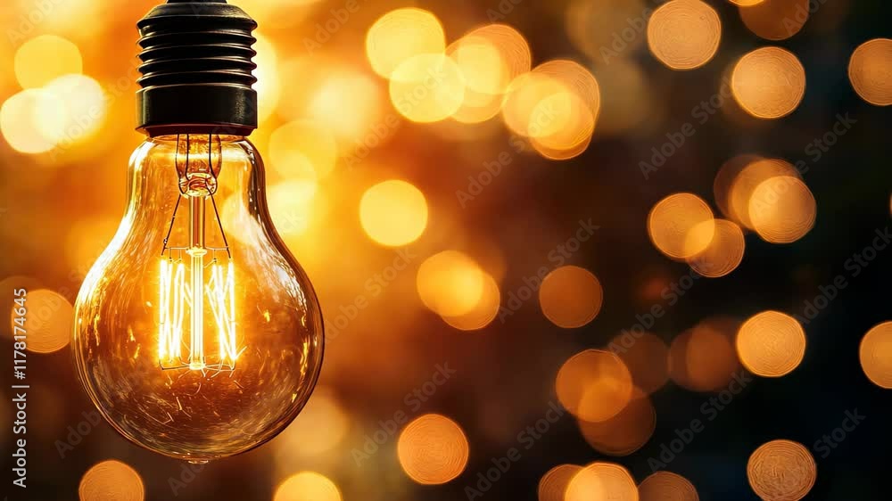 Poster glowing vintage light bulb illuminating dark space with soft background bokeh effect during evening 