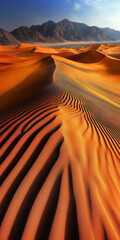 Vibrant orange sand dunes under clear sky, rippling textures, dramatic desert landscape, distant...