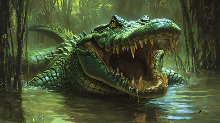 Fototapeta premium A menacing green crocodile with razor-sharp teeth and scaly skin peers out of murky swamp water, its powerful jaws wide open in a threatening pose. Evergold. Illustration