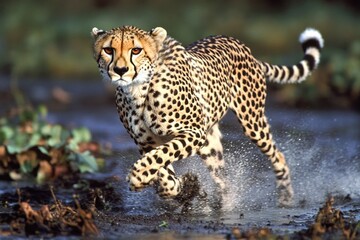 Fototapeta premium A cheetah sprinting through a body of water, showcasing its agility and speed