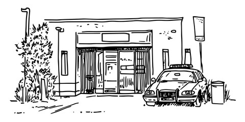 police station building with parked patrol car in outline style © Kaz