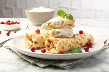 Delicious rolled crepes with cottage cheese, raisins, cranberries and mint on white marble table, closeup