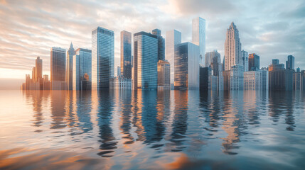 Fototapeta premium A city skyline partially submerged in floodwaters, with reflections of buildings in the water, symbolizing the impact of rising sea levels and heavy rainfall. 