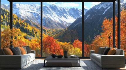 Obraz premium A cozy interior view through a large window showcasing snow-capped mountains and colorful fall foliage.