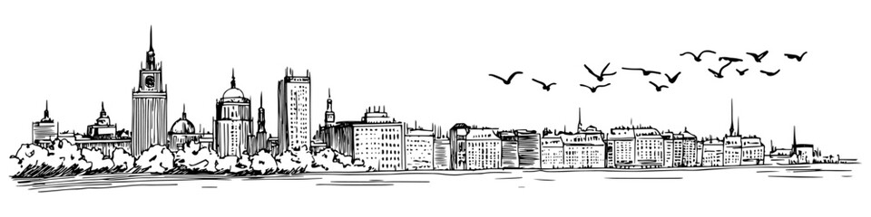 Fototapeta premium city skyline with historic and modern buildings, hand drawn sketch