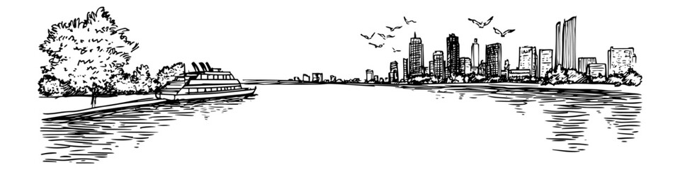 Fototapeta premium river with city skyline and ferry boat, hand drawn sketch
