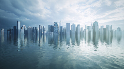 A city skyline partially submerged in floodwaters, with reflections of buildings in the water, symbolizing the impact of rising sea levels and heavy rainfall.  