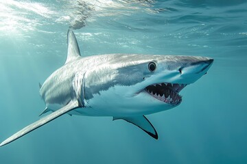 A great white shark swims through the open ocean waters