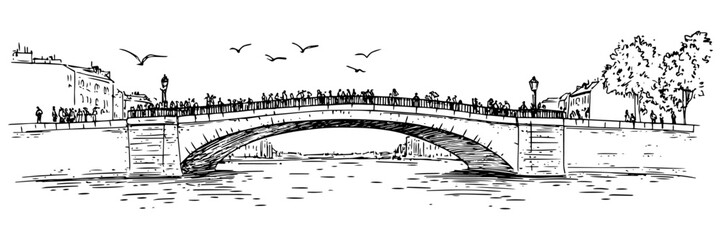 arched bridge over river with people and birds in outline style