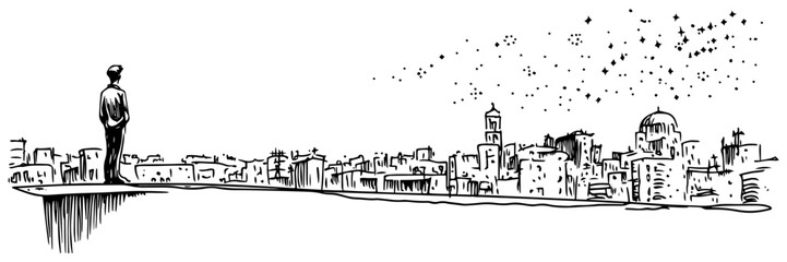 man standing on edge overlooking city skyline in sketch
