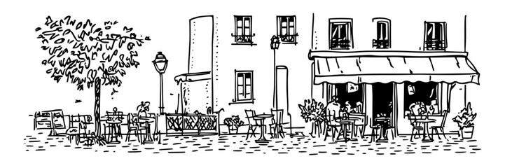 street cafe with tables and tree in black sketch