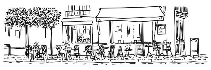 street cafe with tables and people in black outline style