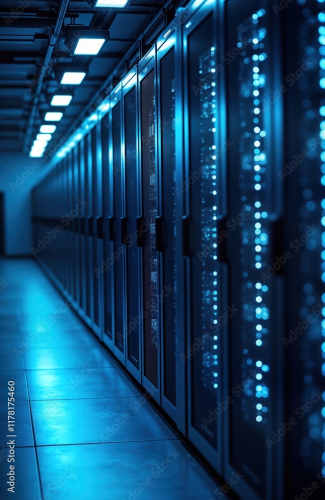 Poster Server room interior. Rows of server racks. Modern tech equipment. Data center infrastructure. Digital network systems. Advanced computing. Powerful hardware. Secure data storage. Critical