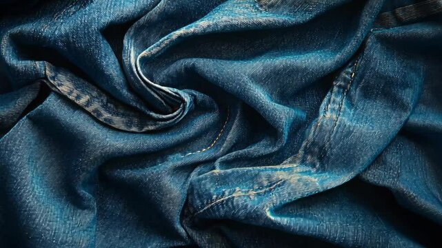 Textured blue denim fabric showcasing intricate details and folds in natural light