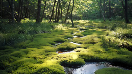 Obraz premium A serene spring morning in a secluded glade with a carpet of soft moss, gentle, calm. Evergold. Illustration