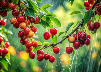 Fototapeta premium Surreal Summer Rain: Cherries on Branch in Orchard - Stock Photo