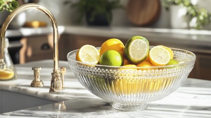 A crystal-clear glass bowl filled with fresh lemons and limes, set on a marble kitchen countertop.