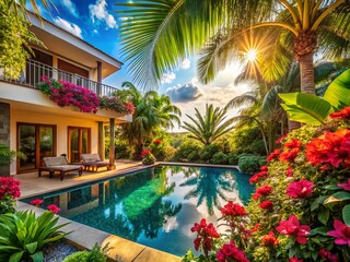 Surreal Summer Villa Vacation: Close-up Flowers & Palm Leaves