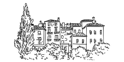 mediterranean houses surrounded by trees, hand drawn sketch