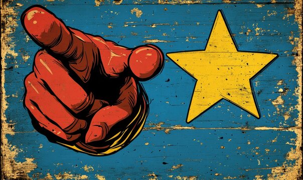 Pointing hand and star on vintage wooden sign