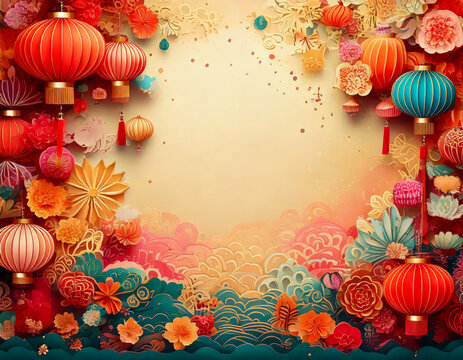 frame border for happy lunar new year with paper lantern decorations and confetti 