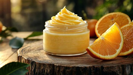 Creamy orange body butter displayed in a glass jar surrounded by fresh orange slices on rustic wood