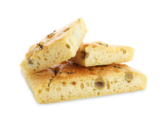 Pieces of delicious focaccia bread with olives and thyme isolated on white