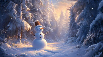Fototapeta premium A snowman in a snowy forest glade. Evergold. Illustration