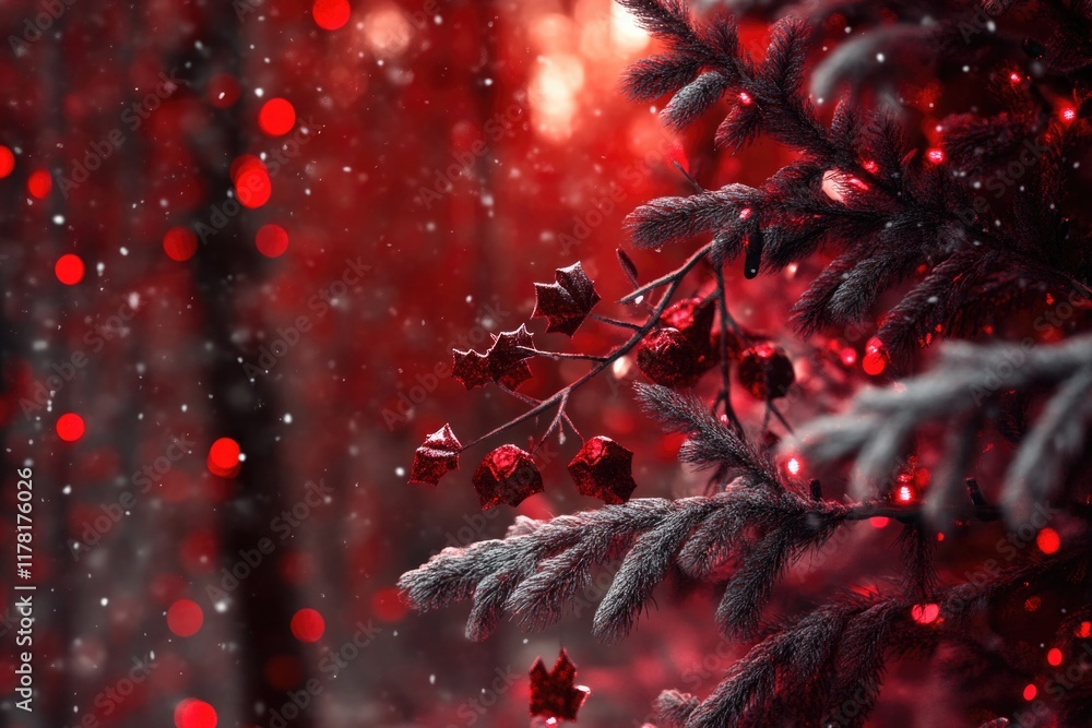 Poster a close-up shot of a tree with red lights shining in the background, perfect for capturing the ambia