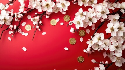 A decorative setup of cherry blossoms and gold coins against a bright red background.