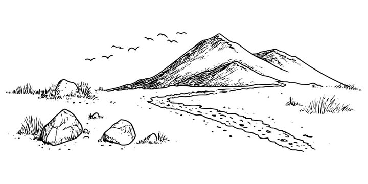 rocky desert path with mountains and flying birds, black hand-drawn illustration
