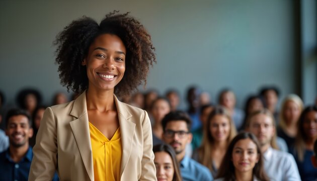 African businesswoman stands in front of large group of people at business seminar conference. Looks confident, happy. Attendees appear engaged, listen attentively. Scene evokes positive atmosphere - Powered by Adobe