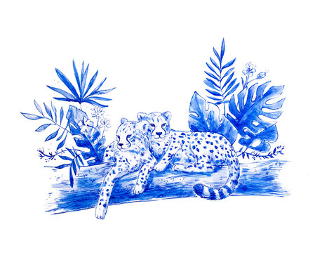 Cheetahs lying on the tropical floral tree