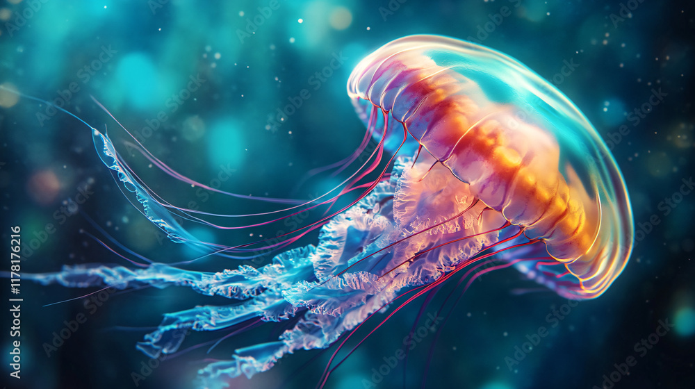 Poster a close-up of a vibrant jellyfish, its translucent body pulsating with colors against a backdrop of 